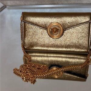 Versace Gold Metallic Medusa Chain Envelope Clutch